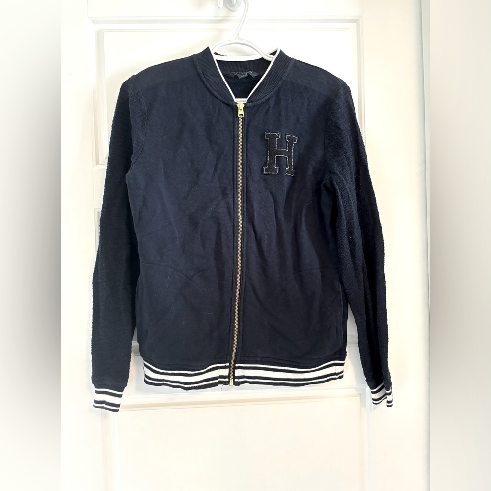 Vintage Y2K Tommy Hilfiger Letterman Bomber 100% Cotton Navy White Stripe S​​ - Picture 2 of 9